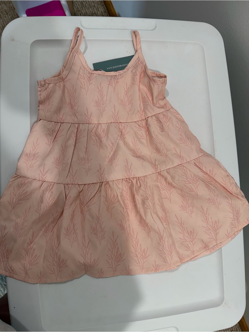 Girls' Peach Tiered Summer Dress with Subtle Leaf Print